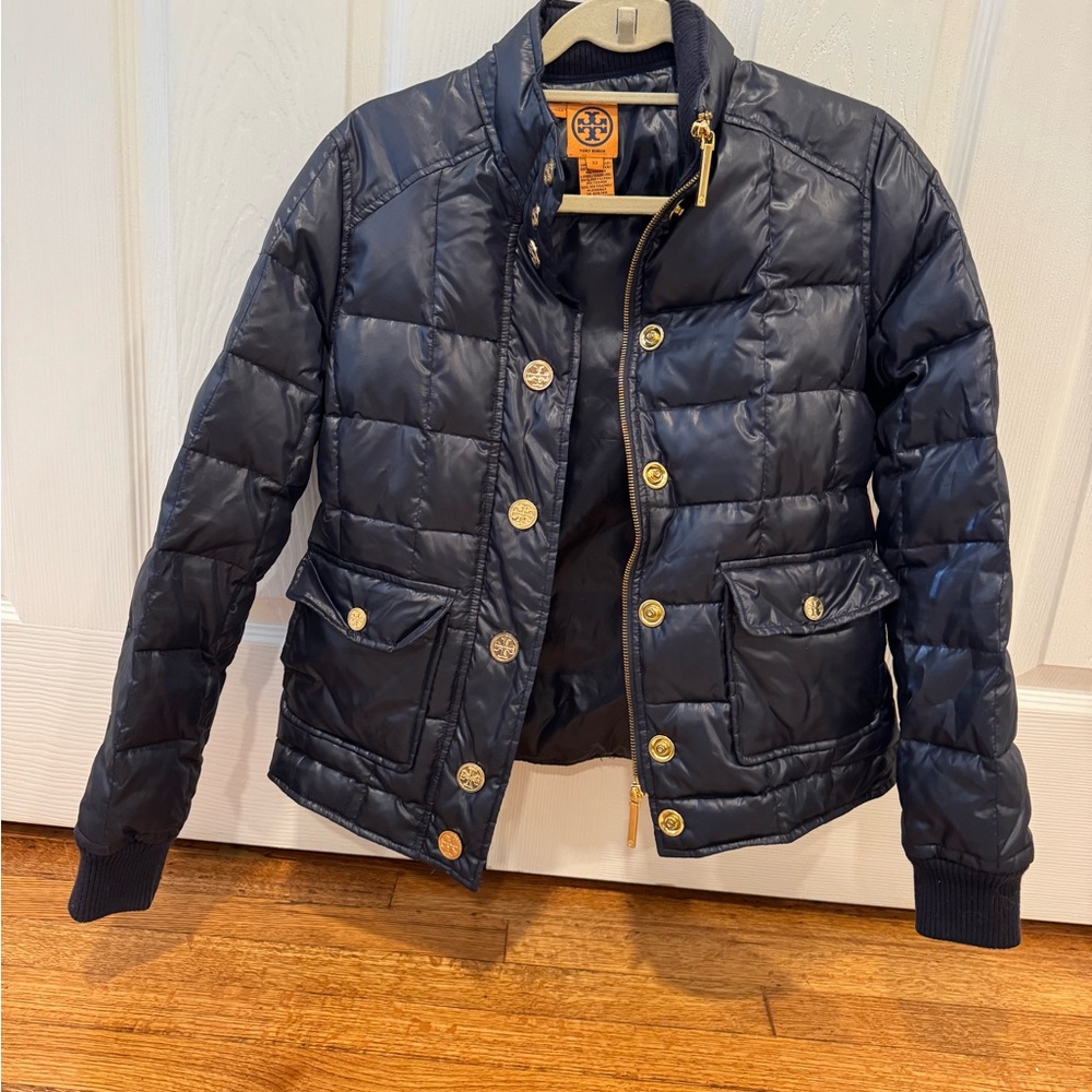 Tory Burch Navy Quilted Jacket with Gold Buttons